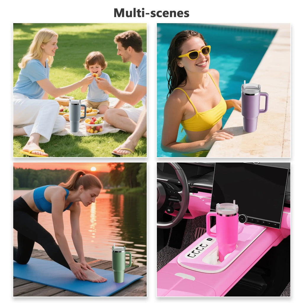 Large Capacity Car Insulated Water Bottle 40oz Leak-Proof Stainless Steel Travel Cup with Lid Straw Handle for Hot Cold Drinks