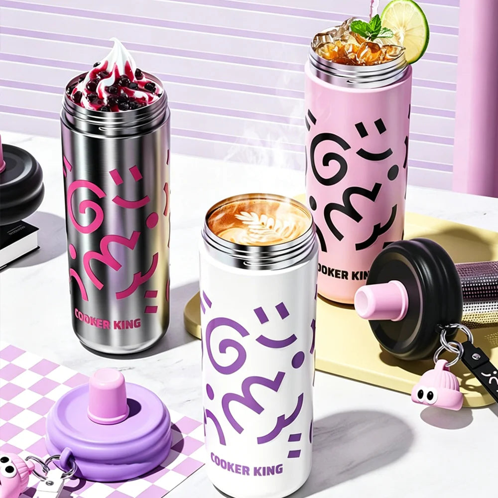 COOKER KING 600ML Stainless Steel Straw Cup Large Capacity Portable Cup  Insulated Water Bottle Vacuum Mug with Tea Strainer＆Str
