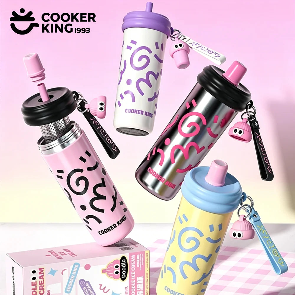 COOKER KING 600ML Stainless Steel Straw Cup Large Capacity Portable Cup  Insulated Water Bottle Vacuum Mug with Tea Strainer＆Str